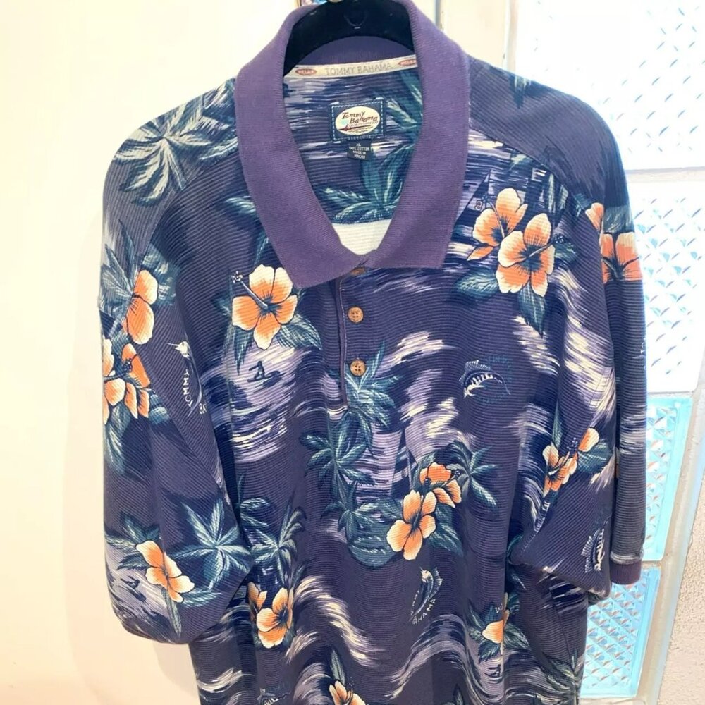 Tommy Bahama Navy Blue Palms & Flowers Hawaiian Shirt XL, 100% Cotton